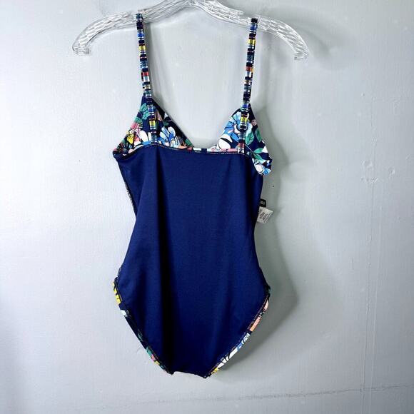 Ellen Tracy Fast & Fresh Surplice Navy Blue Multi Floral One Piece Swimsuit Sz 6 - Picture 12 of 12